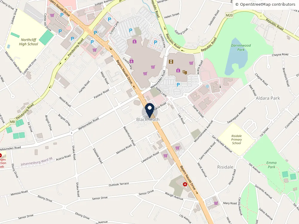 Map of Northcliff showing the practice on the corner of Beyers Naudé Drive and Acacia Road